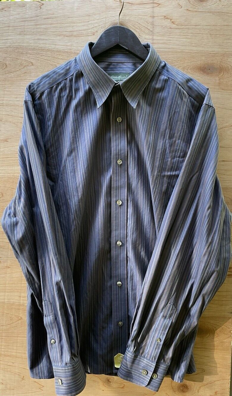 Eddie Bauer Shirt Men XL Blue Brown Striped Long Sleeve Wrinkle Stain Resistant